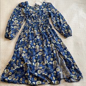 Springfield Floral Blue Midi Dress Long Balloon Sleeve Empire Boho Feminine